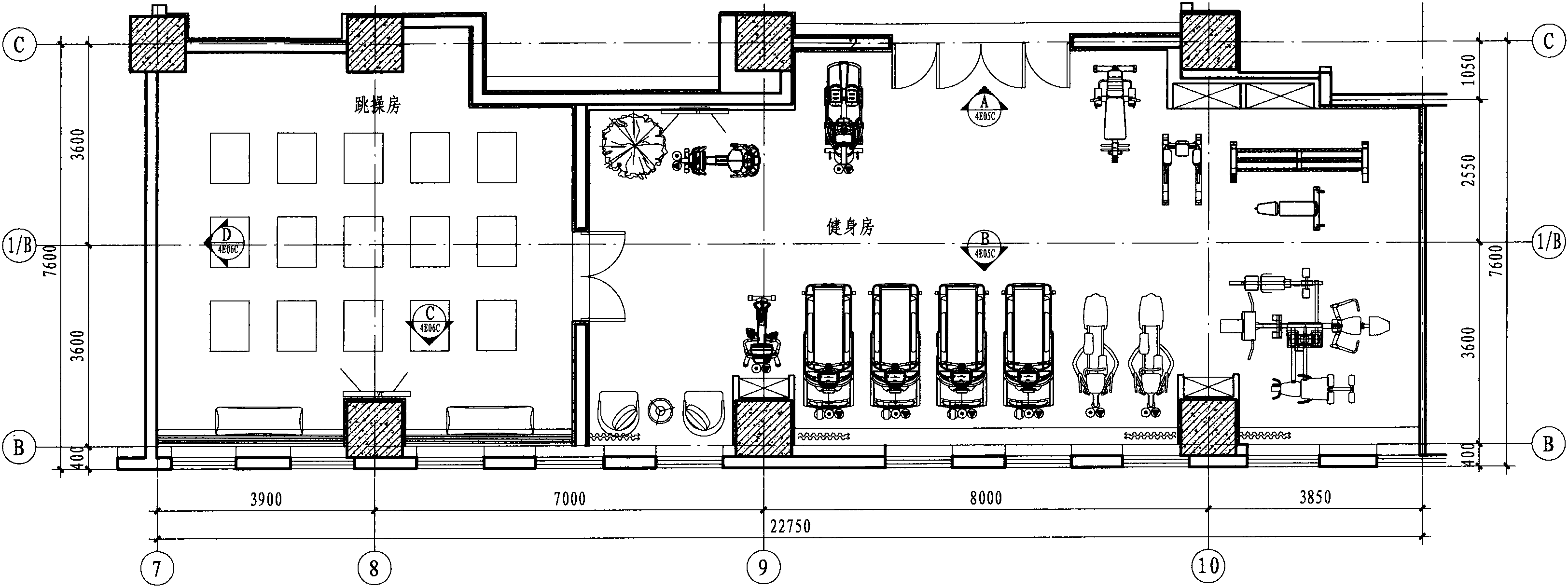 四层跳操房、健身房平面布置图 1:100